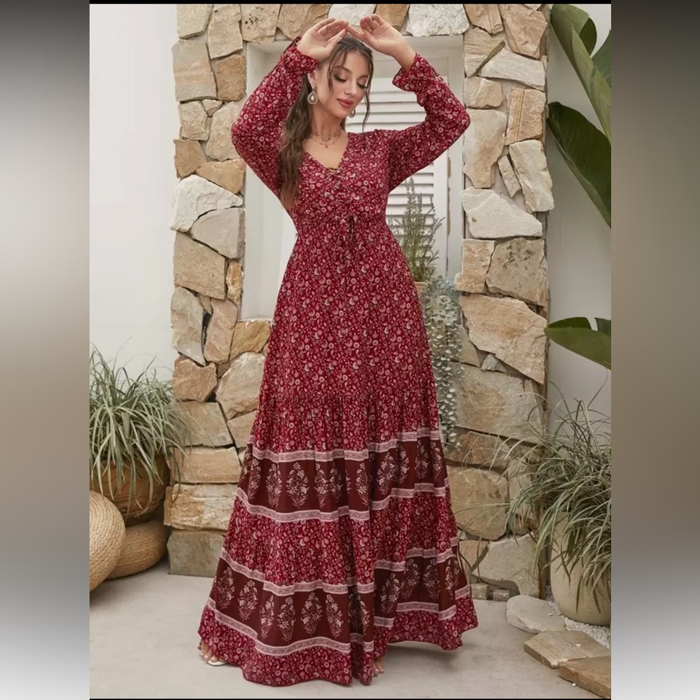 SHEIN Burgundy Floral Long Sleeve Dress